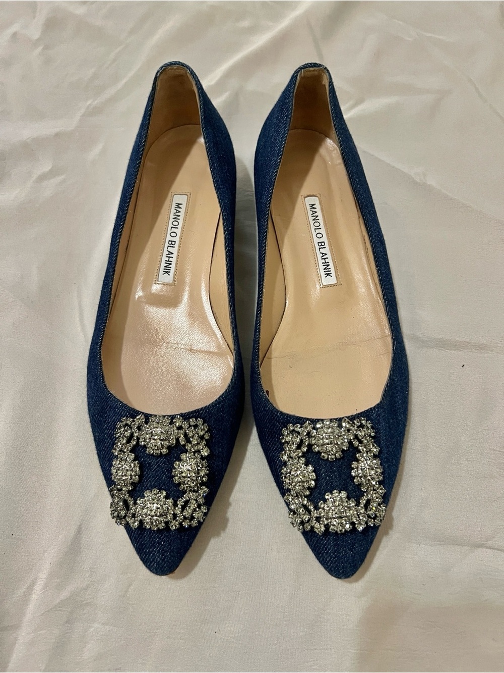 Manolo Blahnik Denim _Navy Jeweled Pointed Flats | Size 39.5 (EU)